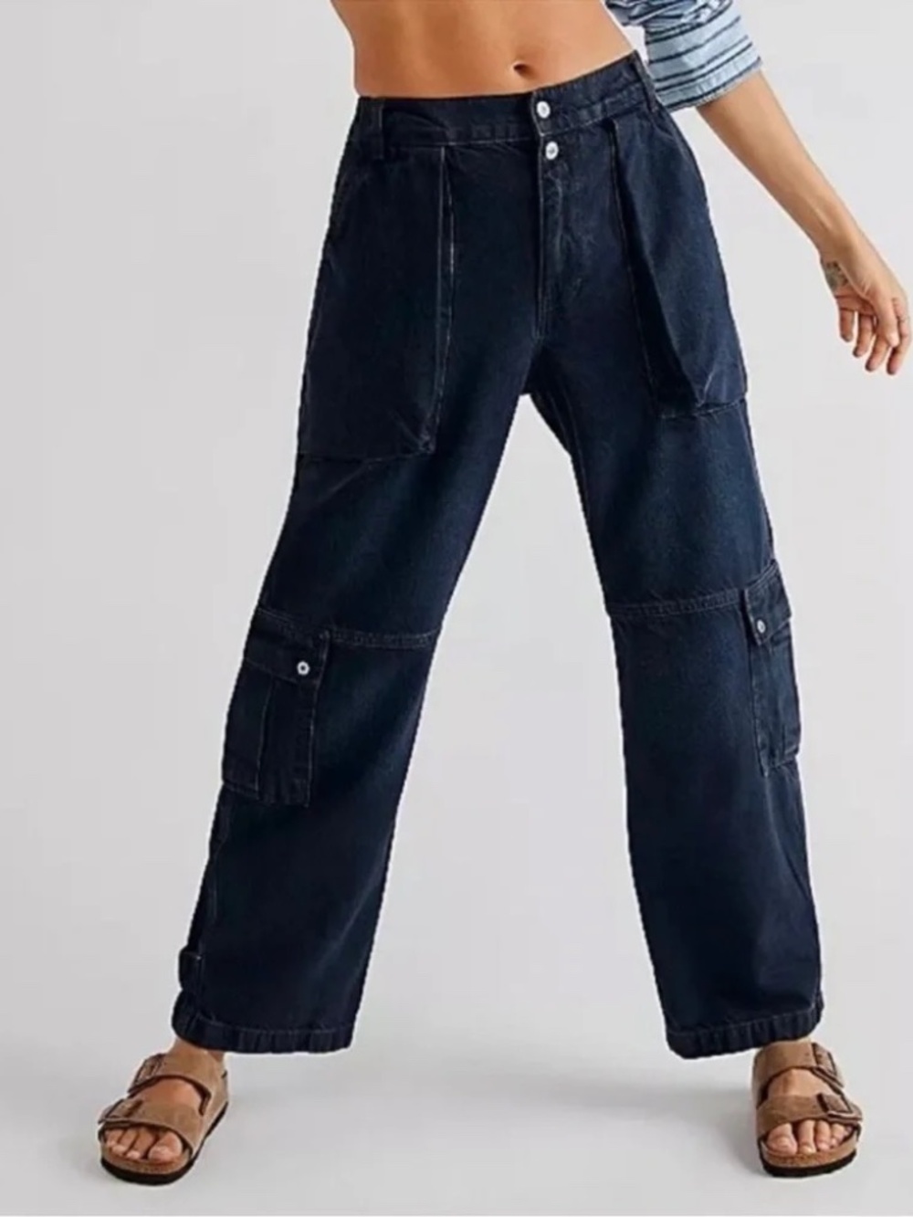 Free People We The Free Marx Slouchy Cargo Jeans Blue Black Size 27 NWT